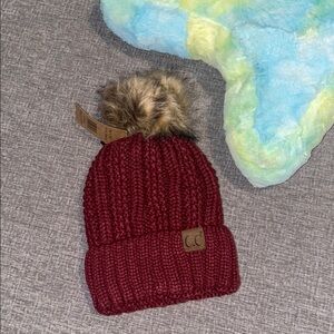 C.C Kids Burgundy Knit Hat with Faux Fur Pom-Pom